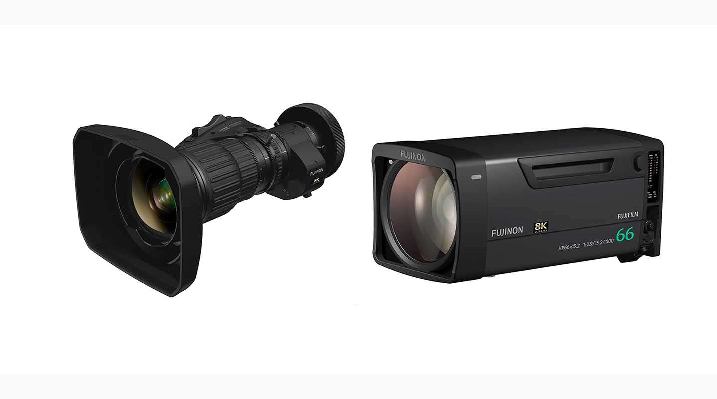 Fujifilm 8k Broadcast Zoom Lens with world's longest and widest focal range. On left - Fujifilm FUJINON HP12×7.6ERD-S9 (HP12×7.6), On Right - Fujifilm FUJINON HP66×15.2-ESM (HP66×15.2)